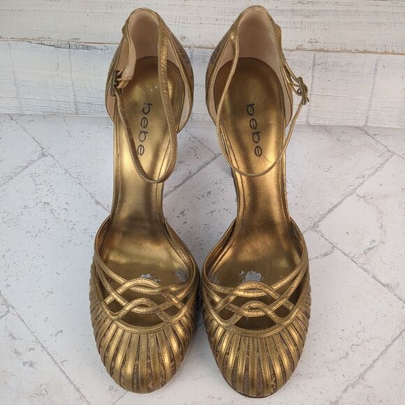 Bebe Gold Strappy Brocade Floral Sparkle Stiletto Heels Size 9.5 M Coquette - Picture 9 of 12